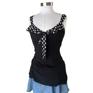 Y2K INC International Concepts Tank Top Large Black Polka Dot Ruffle Tie Front